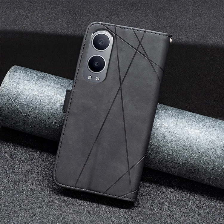 BINFEN COLOR For OnePlus Nord CE4 Lite 5G / Oppo K12x 5G (China) Phone Cases Wallet Stand Geometry Imprinted Leather Cover - Black