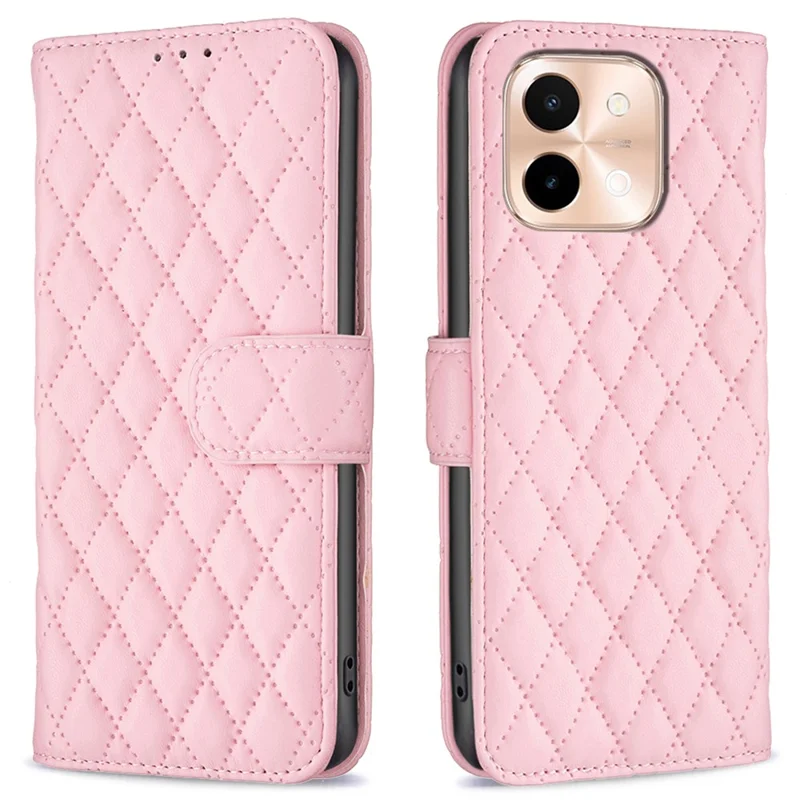 BINFEN COLOR BF Style-14 For vivo Y28 4G Case Wallet Leather Phone Cover Rhombus Imprint - Pink