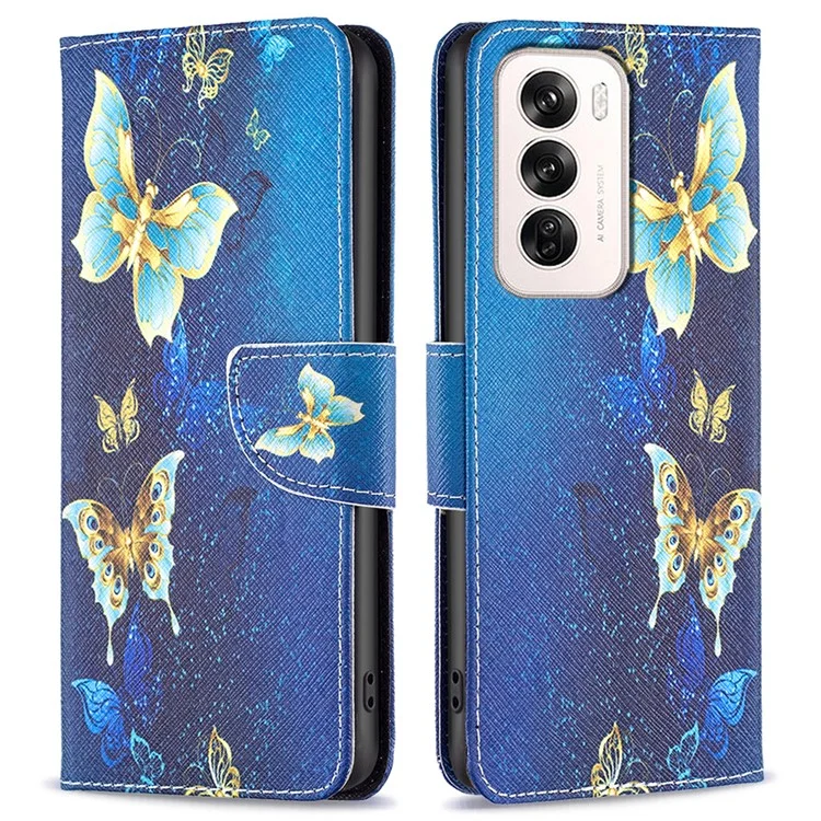 Для Oppo Reno12 5G (Global) Чехол с принтом Pattern Print PU Leather Phone Cover - Золотые бабочки