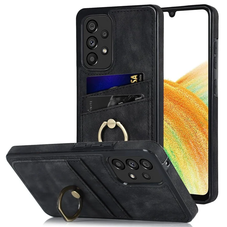 For Samsung Galaxy A33 5G Card Slots Case Retro PU Leather Coated TPU Phone Cover with Ring Holder Kickstand - Black