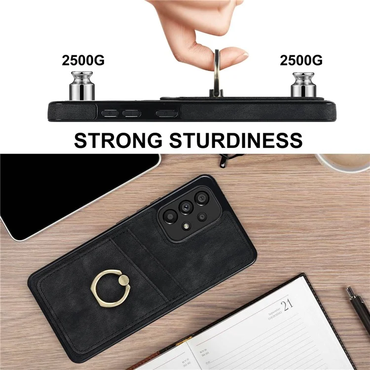 For Samsung Galaxy A33 5G Card Slots Case Retro PU Leather Coated TPU Phone Cover with Ring Holder Kickstand - Black