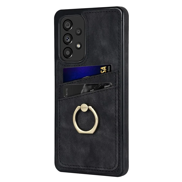 For Samsung Galaxy A33 5G Card Slots Case Retro PU Leather Coated TPU Phone Cover with Ring Holder Kickstand - Black