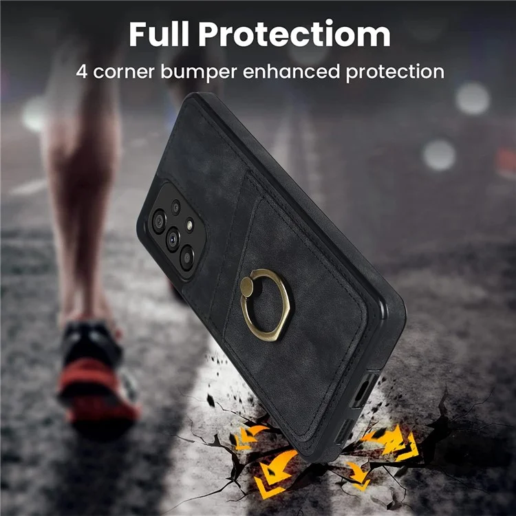 For Samsung Galaxy A33 5G Card Slots Case Retro PU Leather Coated TPU Phone Cover with Ring Holder Kickstand - Black