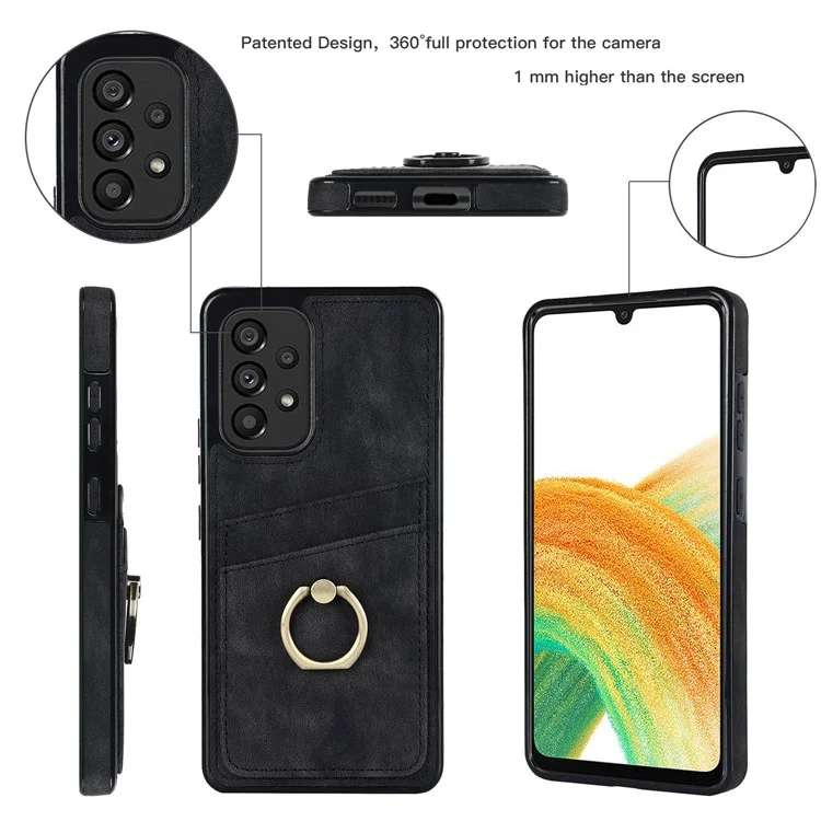 For Samsung Galaxy A33 5G Card Slots Case Retro PU Leather Coated TPU Phone Cover with Ring Holder Kickstand - Black