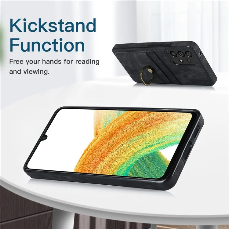 For Samsung Galaxy A33 5G Card Slots Case Retro PU Leather Coated TPU Phone Cover with Ring Holder Kickstand - Black