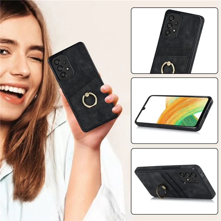 For Samsung Galaxy A33 5G Card Slots Case Retro PU Leather Coated TPU Phone Cover with Ring Holder Kickstand - Black