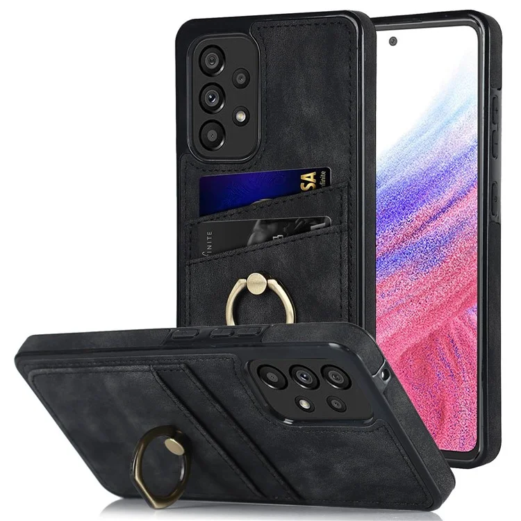 For Samsung Galaxy A53 5G Retro PU Leather Coated TPU Phone Case with Card Holder and Ring Holder Kickstand - Black