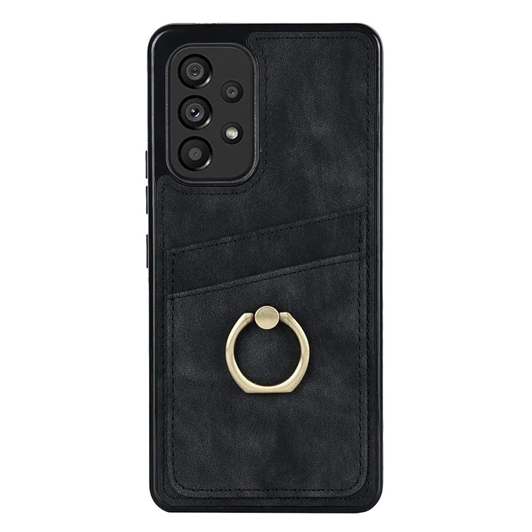 For Samsung Galaxy A53 5G Retro PU Leather Coated TPU Phone Case with Card Holder and Ring Holder Kickstand - Black