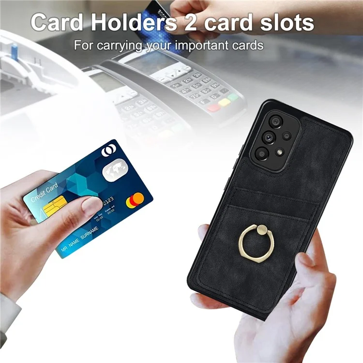 For Samsung Galaxy A53 5G Retro PU Leather Coated TPU Phone Case with Card Holder and Ring Holder Kickstand - Black