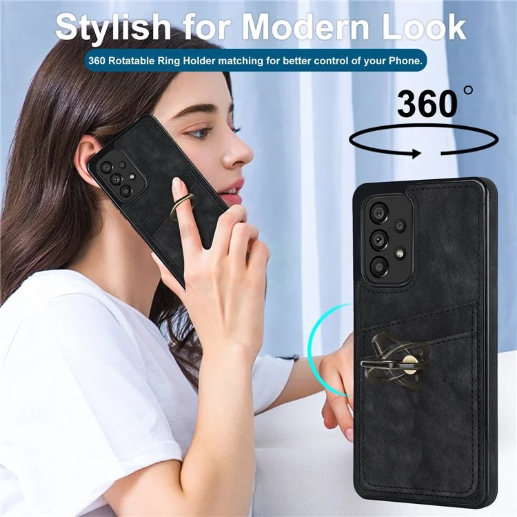For Samsung Galaxy A53 5G Retro PU Leather Coated TPU Phone Case with Card Holder and Ring Holder Kickstand - Black