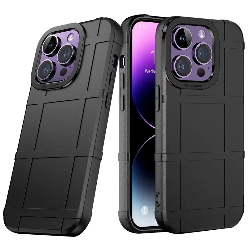 For iPhone 14 Pro Drop Protection TPU Phone Cover Square Grid Leather Texture Phone Case - Black