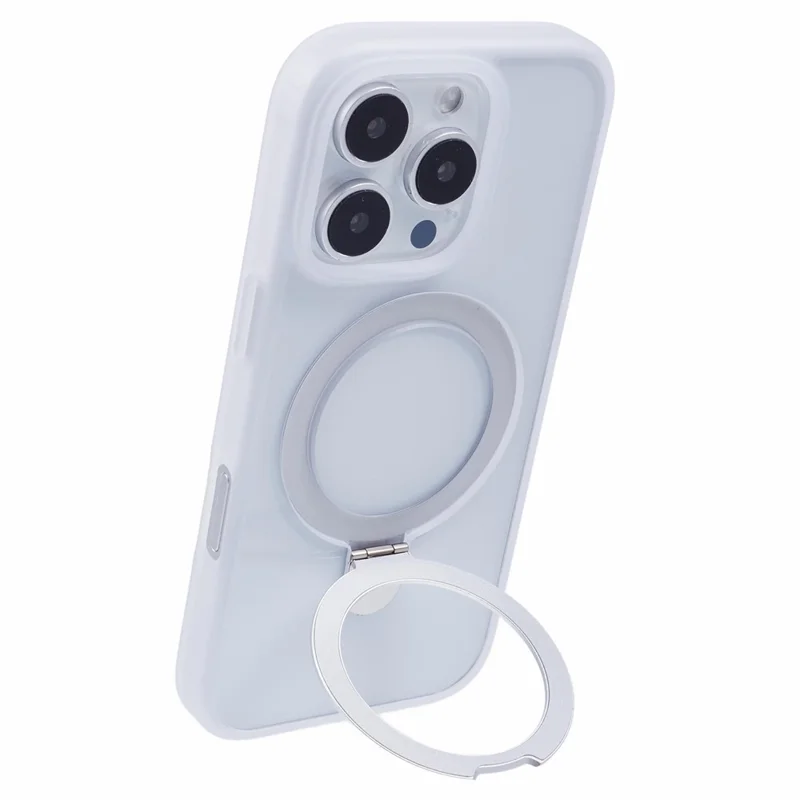 غطاء لهاتف iPhone 16 Pro من مادة البولي كربونات وTPU مقاوم للصدمات مع حامل حلقي قابل للطي - أبيض