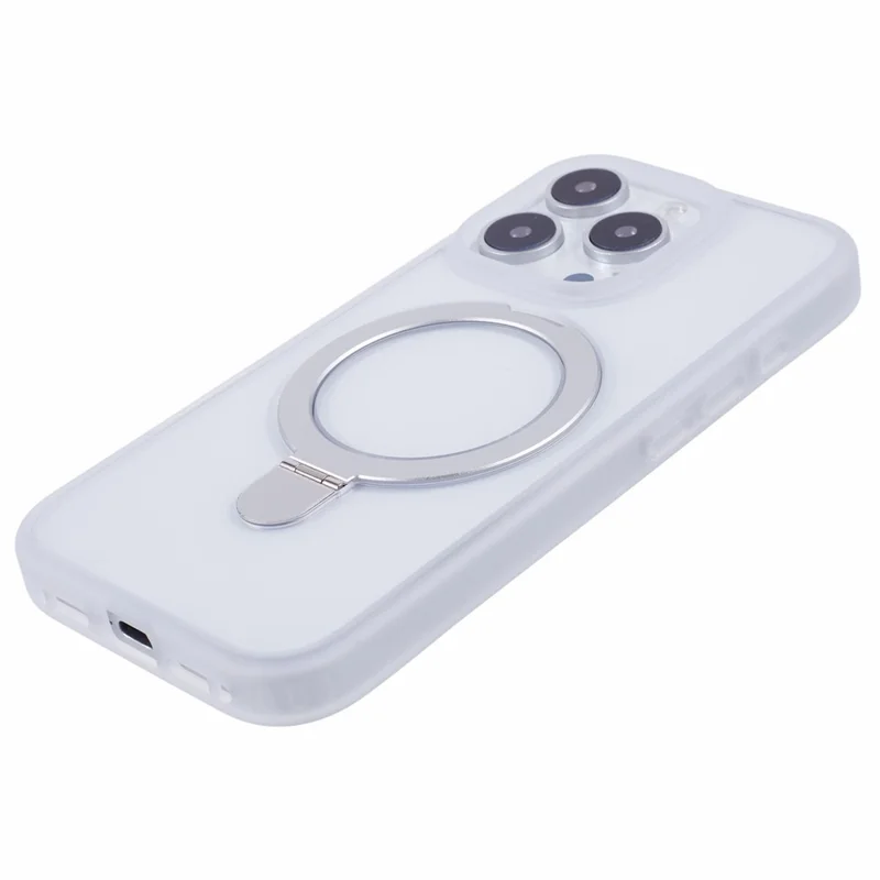 غطاء لهاتف iPhone 16 Pro من مادة البولي كربونات وTPU مقاوم للصدمات مع حامل حلقي قابل للطي - أبيض