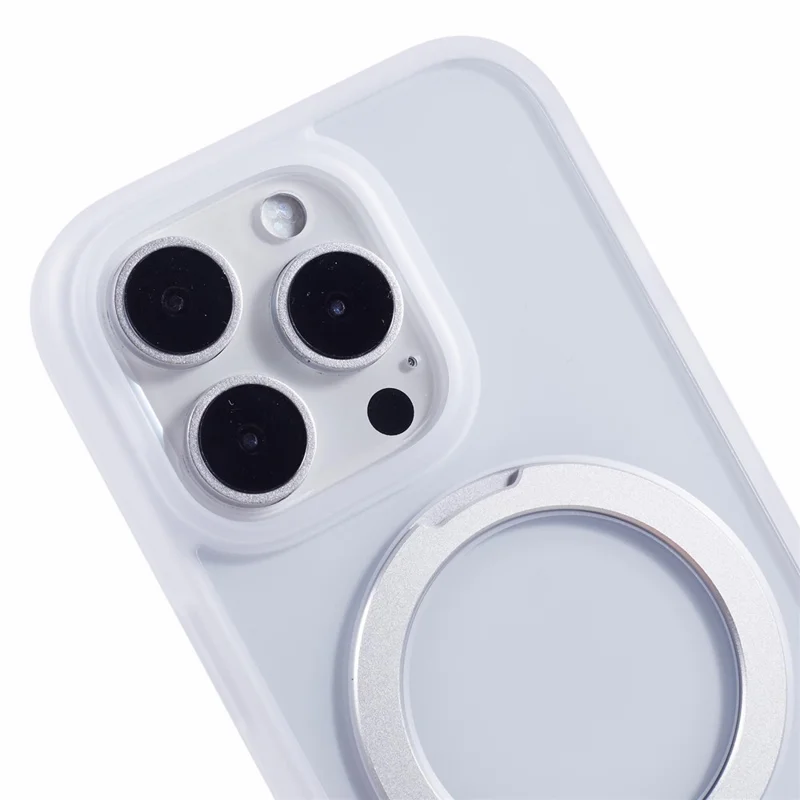 غطاء لهاتف iPhone 16 Pro من مادة البولي كربونات وTPU مقاوم للصدمات مع حامل حلقي قابل للطي - أبيض
