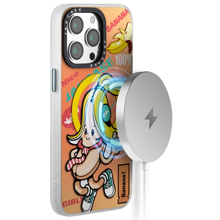 JAUCASE Para Caso do iPhone 15 Pro Max Compatível com MagSafe Cute Pattern PC+TPU Capa de Telefone - Banana Baby