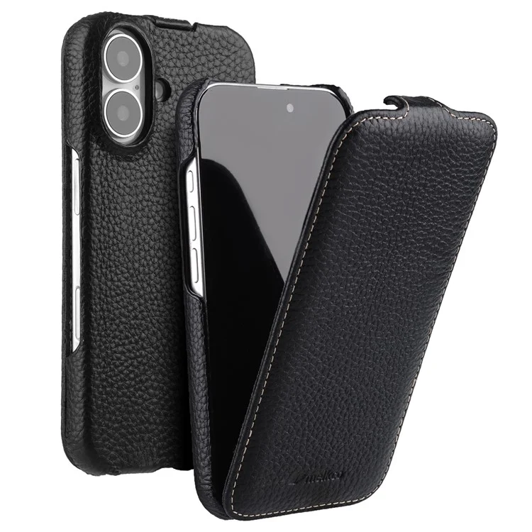 MELKCO Per iPhone 16 Custodia Magnetica Flip Verticale In Vera Pelle Bovina+PC Antiurto - Nero