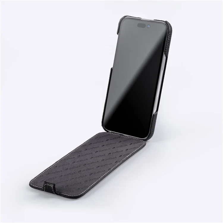 MELKCO Per iPhone 16 Custodia Magnetica Flip Verticale In Vera Pelle Bovina+PC Antiurto - Nero