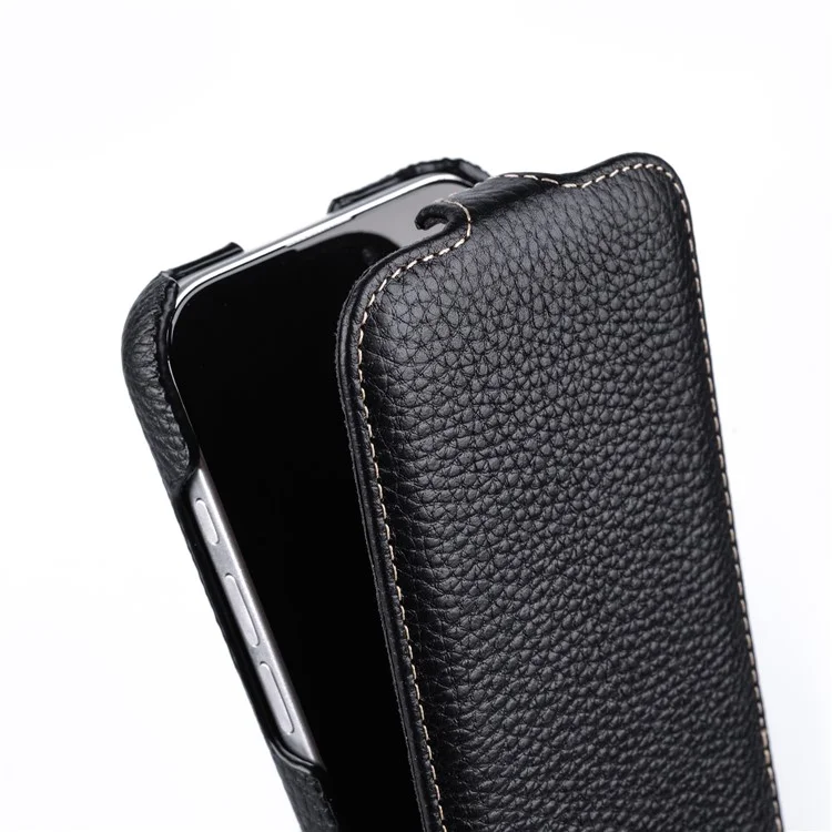 MELKCO Per iPhone 16 Custodia Magnetica Flip Verticale In Vera Pelle Bovina+PC Antiurto - Nero