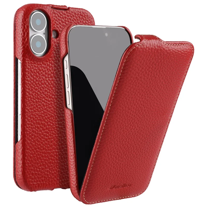 MELKCO For iPhone 16 Plus Case Compatible with MagSafe Vertical Flip Genuine Cow Leather + PC Phone Cover - Red