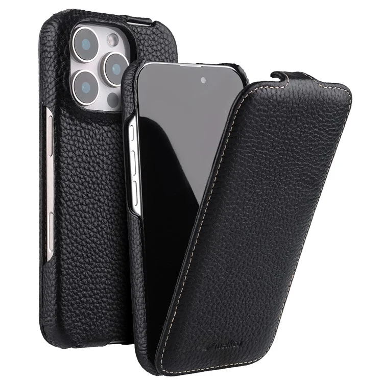 MELKCO Para iPhone 16 Pro Capa Magnética Vertical Flip Couro de Vaca Genuíno + PC à Prova de Choque - Preto