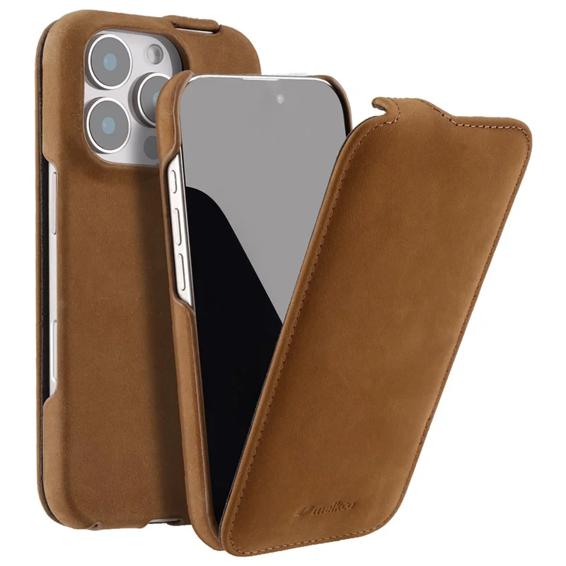 MELKCO For iPhone 16 Pro Max Case Compatible with MagSafe Vertical Flip Genuine Cow Leather + PC Phone Cover - Brown