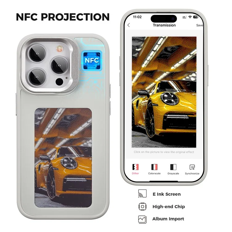 Enkzone Pour Iphone 15 Pro Max E Ink Téléphone Ink Case à 4 Couleurs Affichage Pattum Personnalisé - Gris