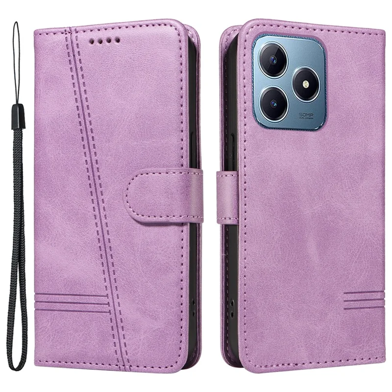 For Realme Note 60x 4G / C63 4G / C61 4G Case Wallet Imprinted Line PU Leather Flip Phone Cover with Wrist Strap - Light Purple