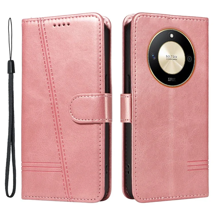 For Honor X50 5G / X9b 5G / Magic6 Lite 5G Case Lines Design Leather Wallet Phone Cover - Rose Gold