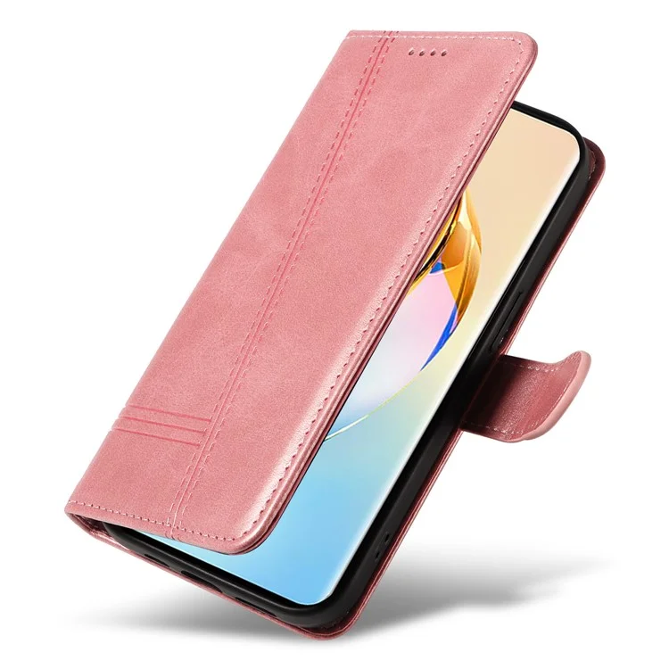 For Honor X50 5G / X9b 5G / Magic6 Lite 5G Case Lines Design Leather Wallet Phone Cover - Rose Gold
