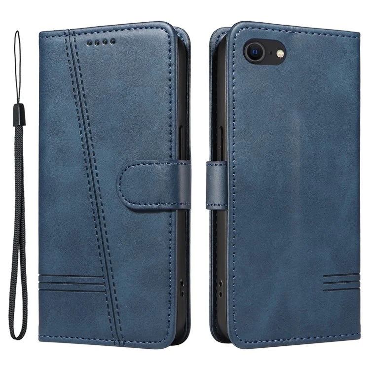 For iPhone 6 / 7 / 8 / SE (2020) / SE (2022) Phone Case Imprinted Line PU Leather Cover Wallet with Wrist Strap - Blue