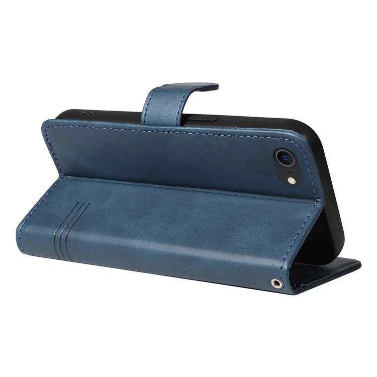 For iPhone 6 / 7 / 8 / SE (2020) / SE (2022) Phone Case Imprinted Line PU Leather Cover Wallet with Wrist Strap - Blue