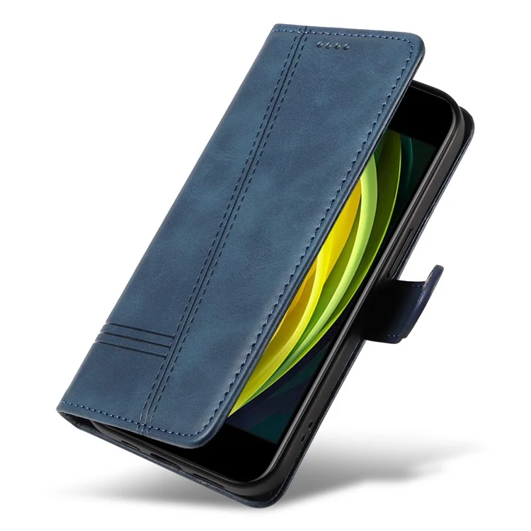 For iPhone 6 / 7 / 8 / SE (2020) / SE (2022) Phone Case Imprinted Line PU Leather Cover Wallet with Wrist Strap - Blue