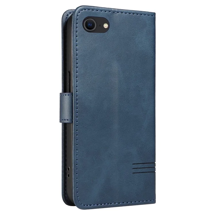 For iPhone 6 / 7 / 8 / SE (2020) / SE (2022) Phone Case Imprinted Line PU Leather Cover Wallet with Wrist Strap - Blue