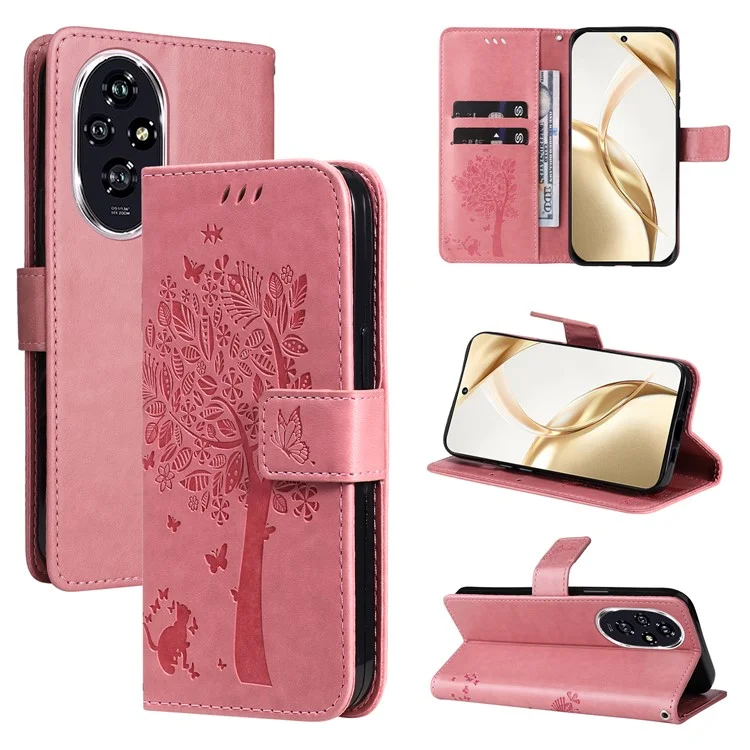 KT Imprinting Flower Series-3 Para Honor 200 5G Case Cat Tree Imprinted Leather Phone Shell - Rosa