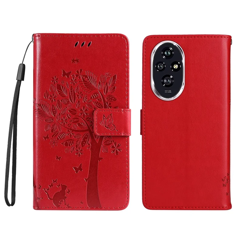 For Honor 200 5G Phone Case with Stand Cat Tree Pattern Leather Wallet Mobile Cover - Red