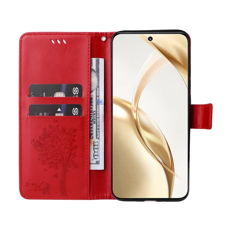 For Honor 200 5G Phone Case with Stand Cat Tree Pattern Leather Wallet Mobile Cover - Red
