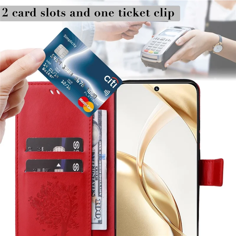 For Honor 200 5G Phone Case with Stand Cat Tree Pattern Leather Wallet Mobile Cover - Red