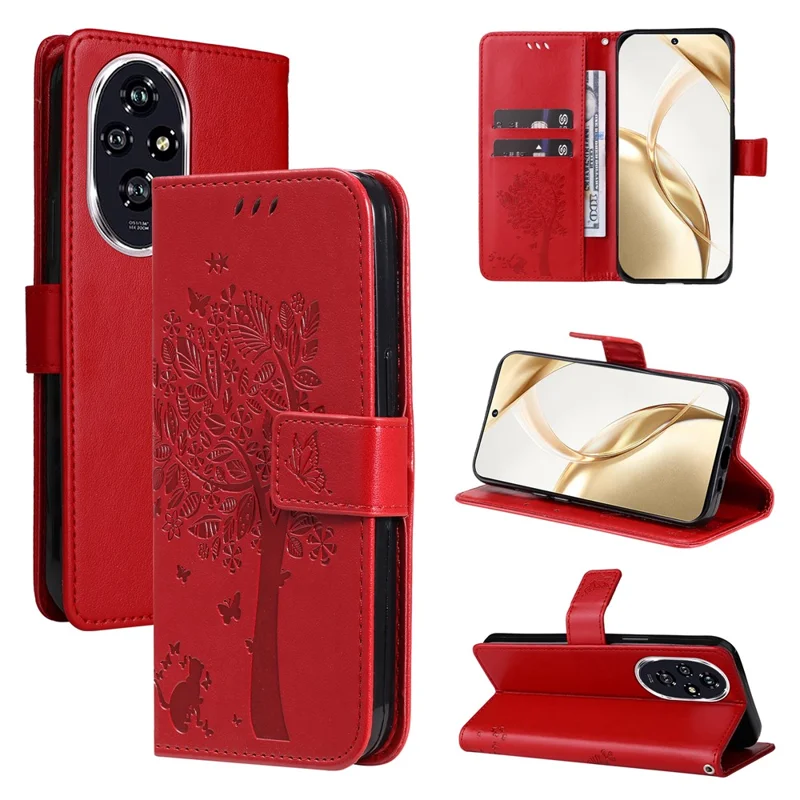 For Honor 200 5G Phone Case with Stand Cat Tree Pattern Leather Wallet Mobile Cover - Red