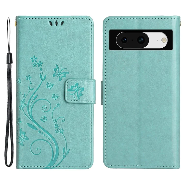 Per Google Pixel 8 Phone Case Custodia in pelle con chiusura a libro, motivo farfalle e fiori stampato - Blu neonato