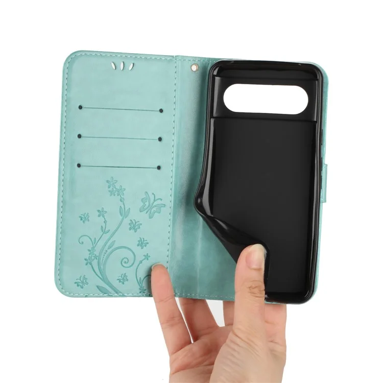 Per Google Pixel 8 Phone Case Custodia in pelle con chiusura a libro, motivo farfalle e fiori stampato - Blu neonato