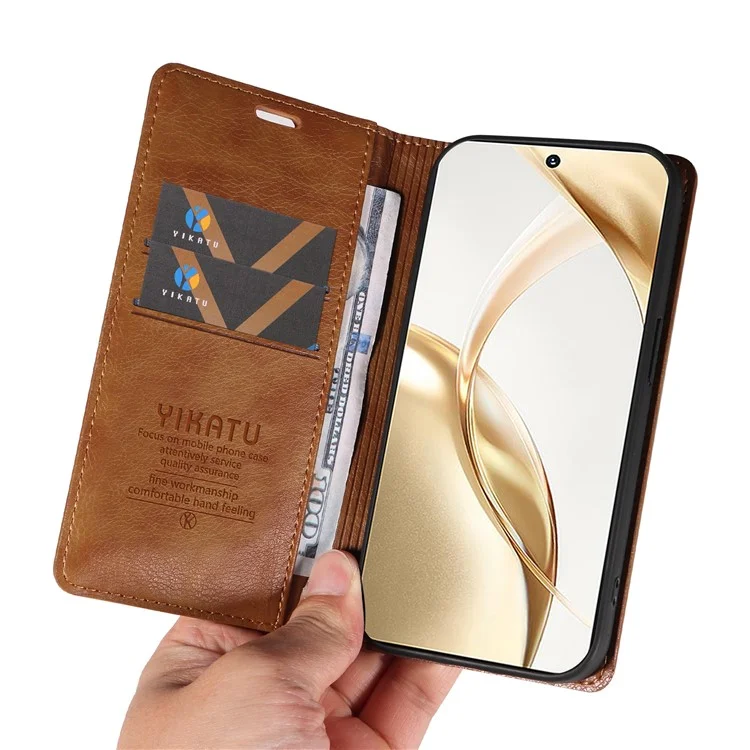 YIKATU YK-006 For Honor 200 5G Funda de Billetera Textura de Piel de Litchi Cubierta de Teléfono - Marrón