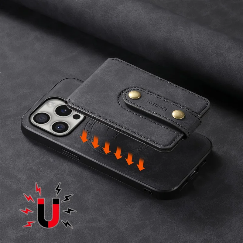 DENIOR D14 For iPhone 16 Pro Magnetic Case Detachable Card Holder Kickstand Phone Cover - Black