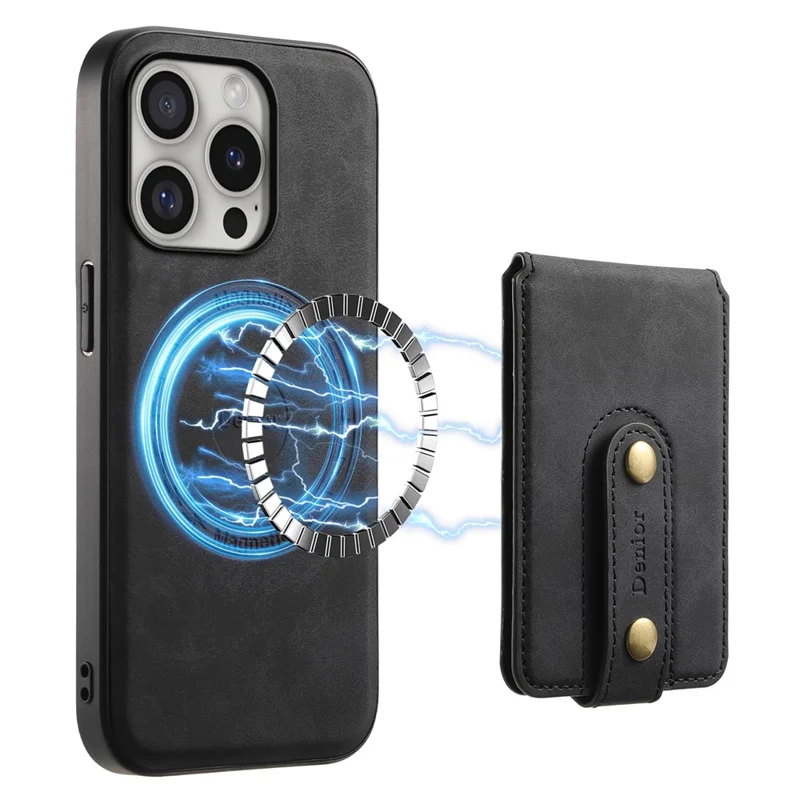DENIOR D14 For iPhone 16 Pro Max Magnetic Case Leather+PC+TPU Phone Cover Card Bag - Black