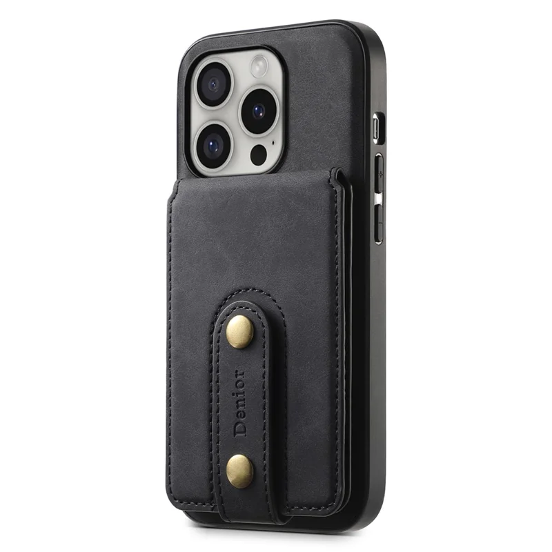 DENIOR D14 For iPhone 16 Pro Max Magnetic Case Leather+PC+TPU Phone Cover Card Bag - Black
