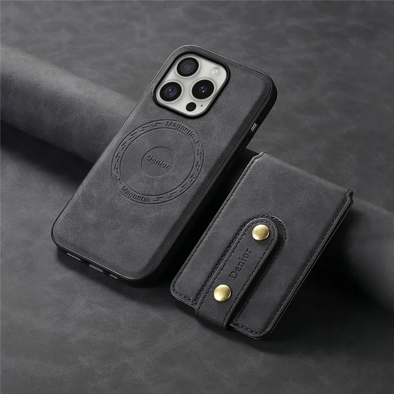 DENIOR D14 For iPhone 16 Pro Max Magnetic Case Leather+PC+TPU Phone Cover Card Bag - Black