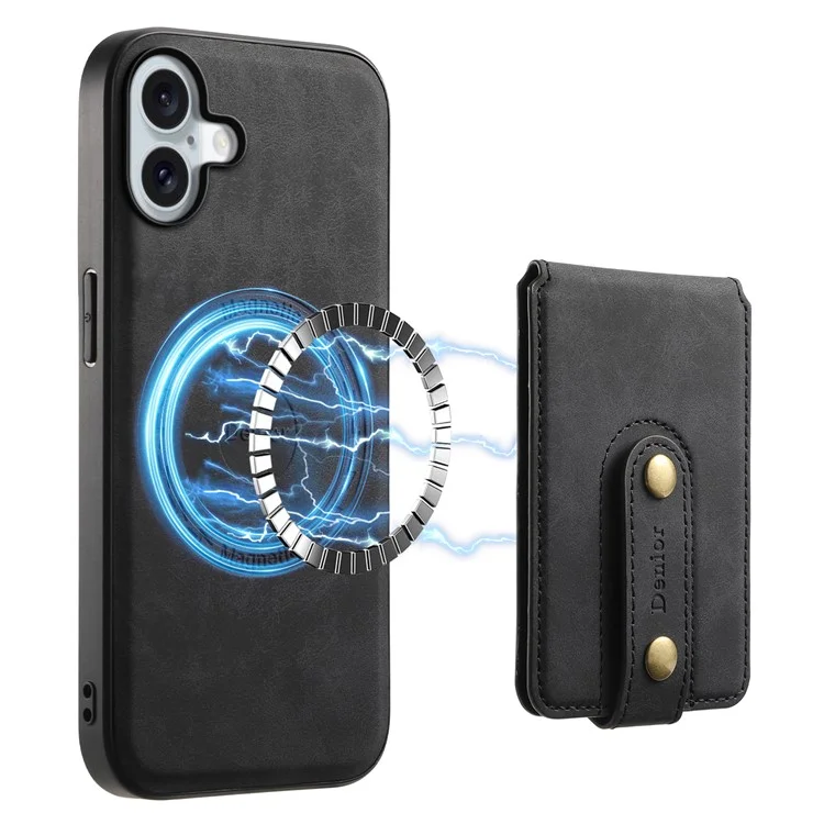 Футляр DENIOR D14 для iPhone 16 Plus, совместимый с MagSafe, с кармашком для карт, кожаная задняя панель - черный