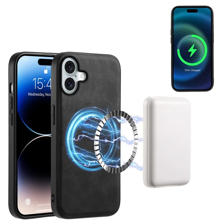 Футляр DENIOR D14 для iPhone 16 Plus, совместимый с MagSafe, с кармашком для карт, кожаная задняя панель - черный