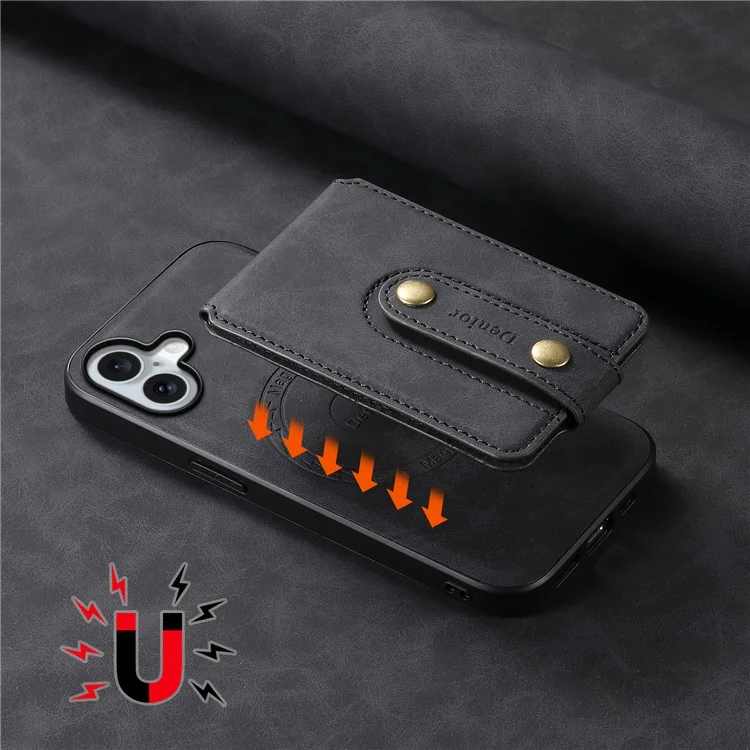 Футляр DENIOR D14 для iPhone 16 Plus, совместимый с MagSafe, с кармашком для карт, кожаная задняя панель - черный