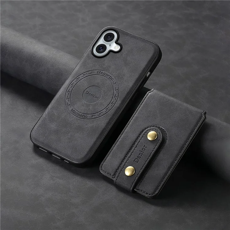 Футляр DENIOR D14 для iPhone 16 Plus, совместимый с MagSafe, с кармашком для карт, кожаная задняя панель - черный