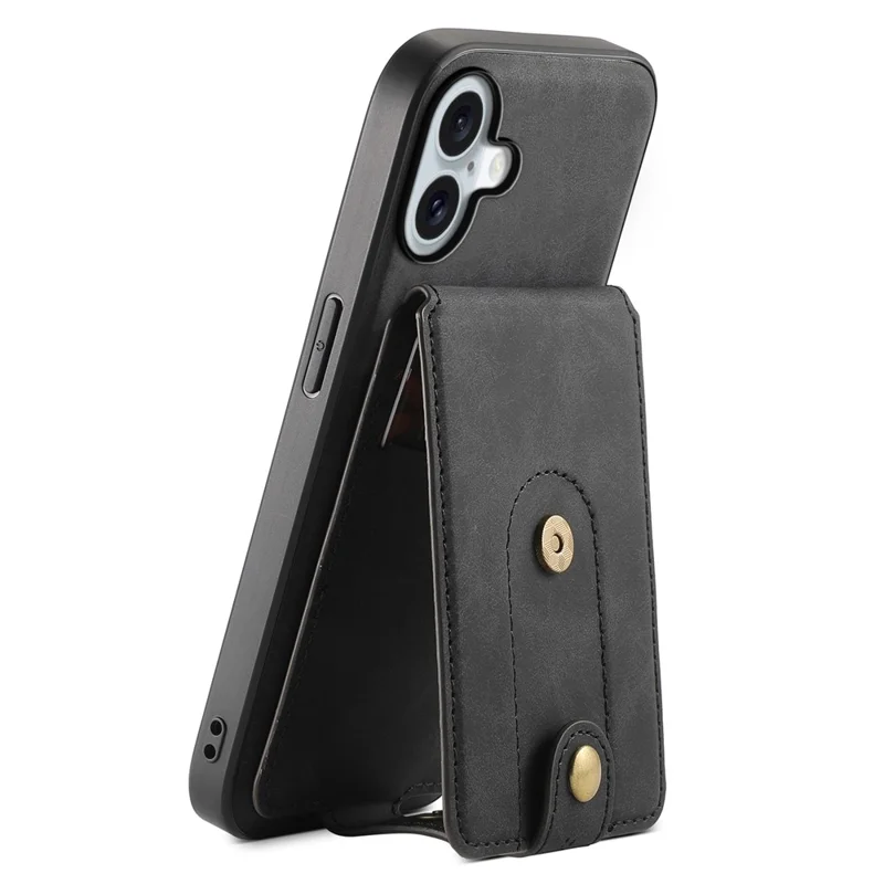 DENIOR D14 For iPhone 16 Case Kickstand Card Holder Retro Leather Back Phone Cover - Black